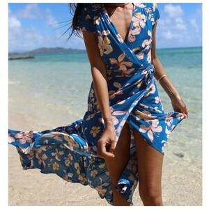 XIX Palms Waimanalo Dress Womens Small Hawaii Wrap Maxi Blue Tropical Floral